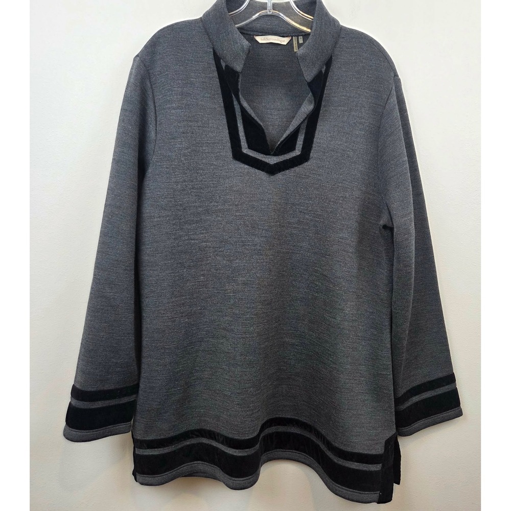 Soft Surroundings Womens Gray Black Velvet Trim Tunic Top‎ Wool Blend Size XL